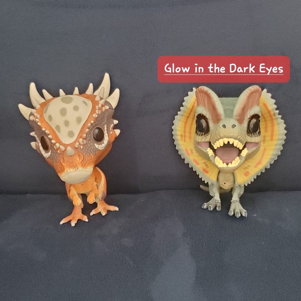 2 Funko POPs, NWOB 4" Fallen Kingdom Dilophosaurus & Stygimoloch Figurines